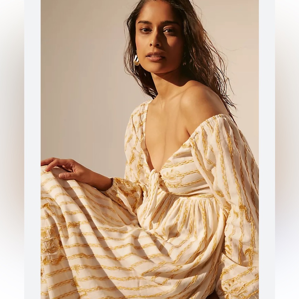 Anthropologie Cream and Gold Embroidered Sweetheart Maxi Dress